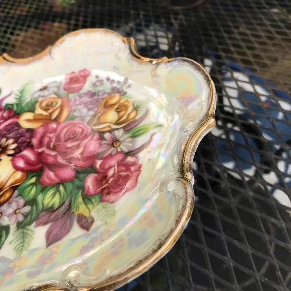 Vintage Lusterware Luster Vibrant Floral Pedestal Compote Gorgeous! - Picture 4 of 10